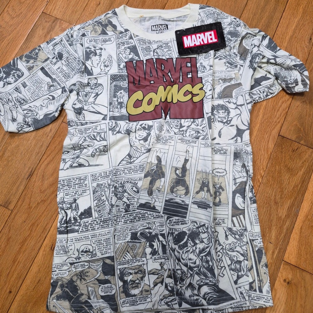 Marvel Comics Boys All Over Print Comic Book Panel T-Shirt White Large 14 NWT